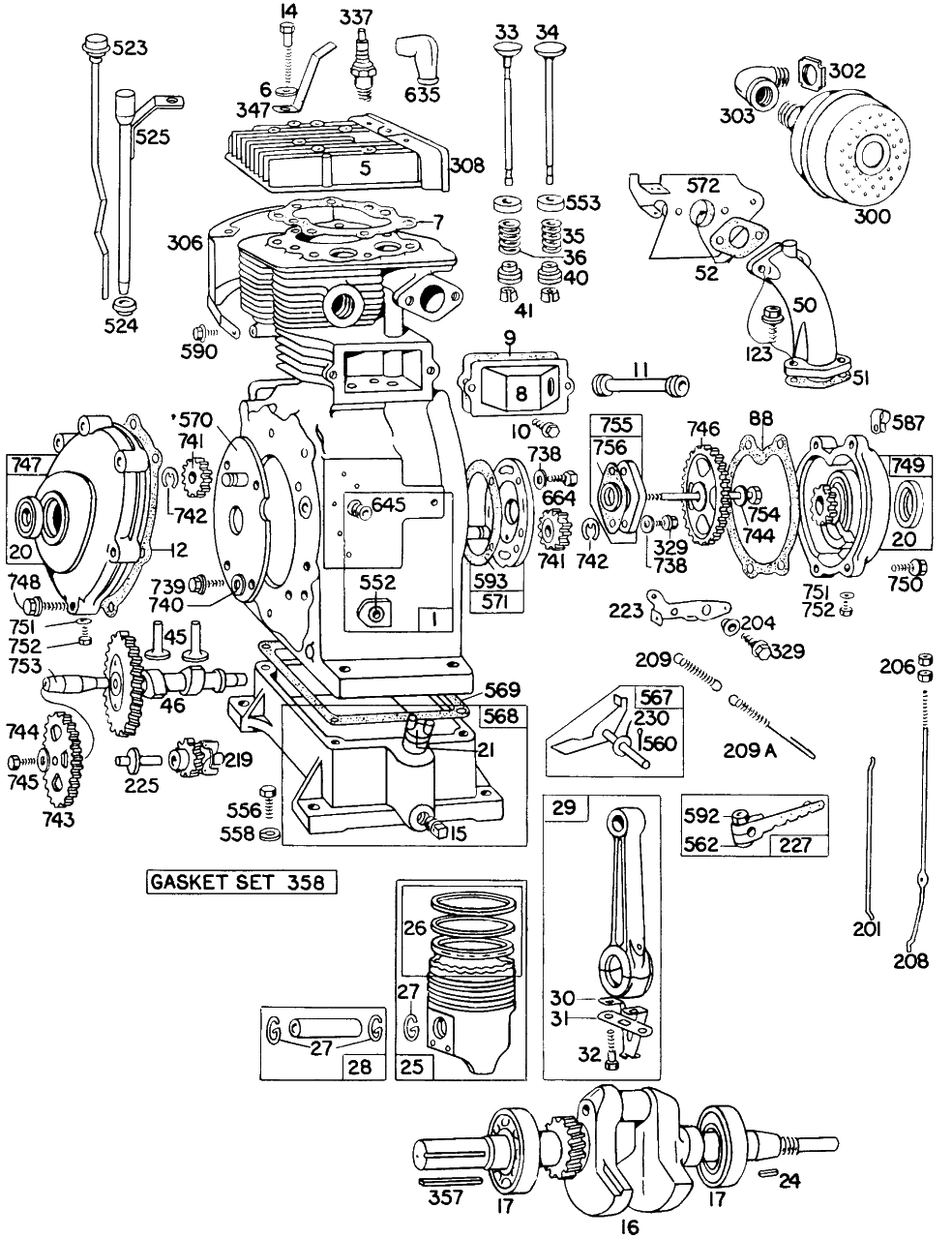 Cyl, Piston, Muffler, Crnkcse Diagram and Parts List for 300421-0120-XX  Briggs and Stratton Engine
